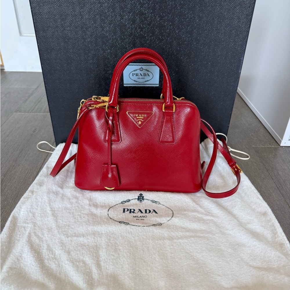 Prada Crimson Red Satchel with Gold Accents